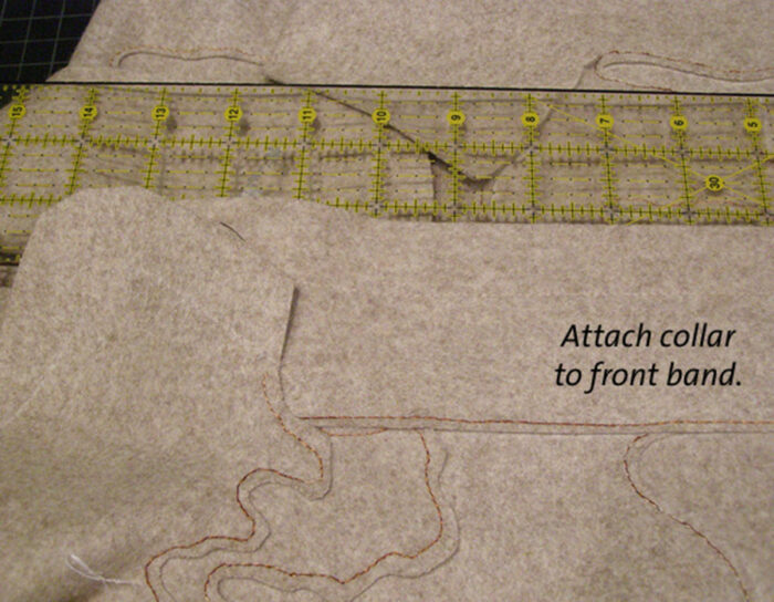 Finish sewing the collar ends by overlapping them onto the front bands