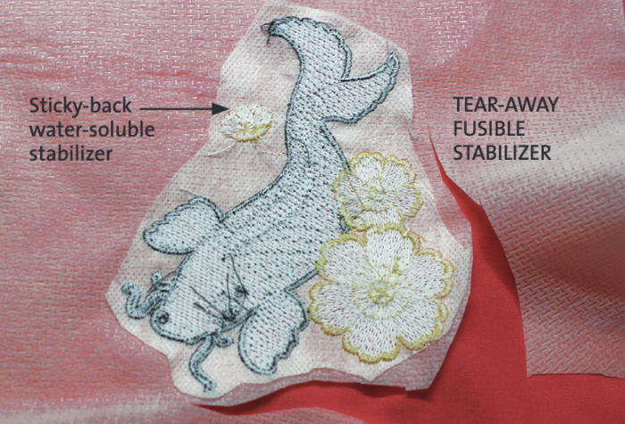 cutting away excess stabilizer when embellishing knits