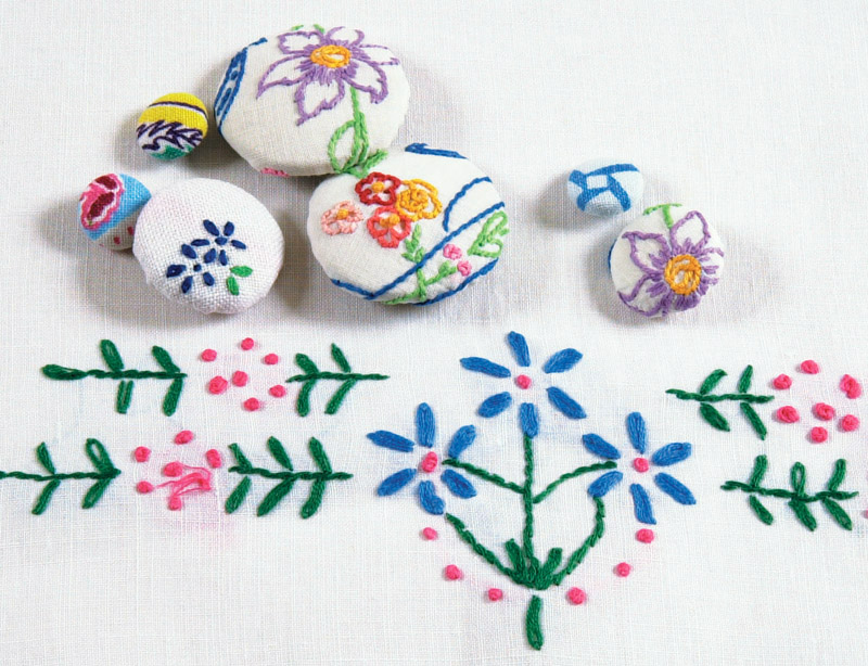 Buttons covered with hand-embroidered fabric