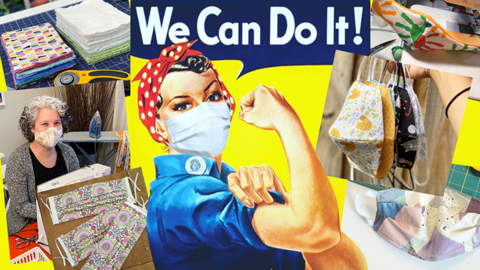 Collage image of mask sewing and the Rosie the Riveter "We Can Do It!" poster