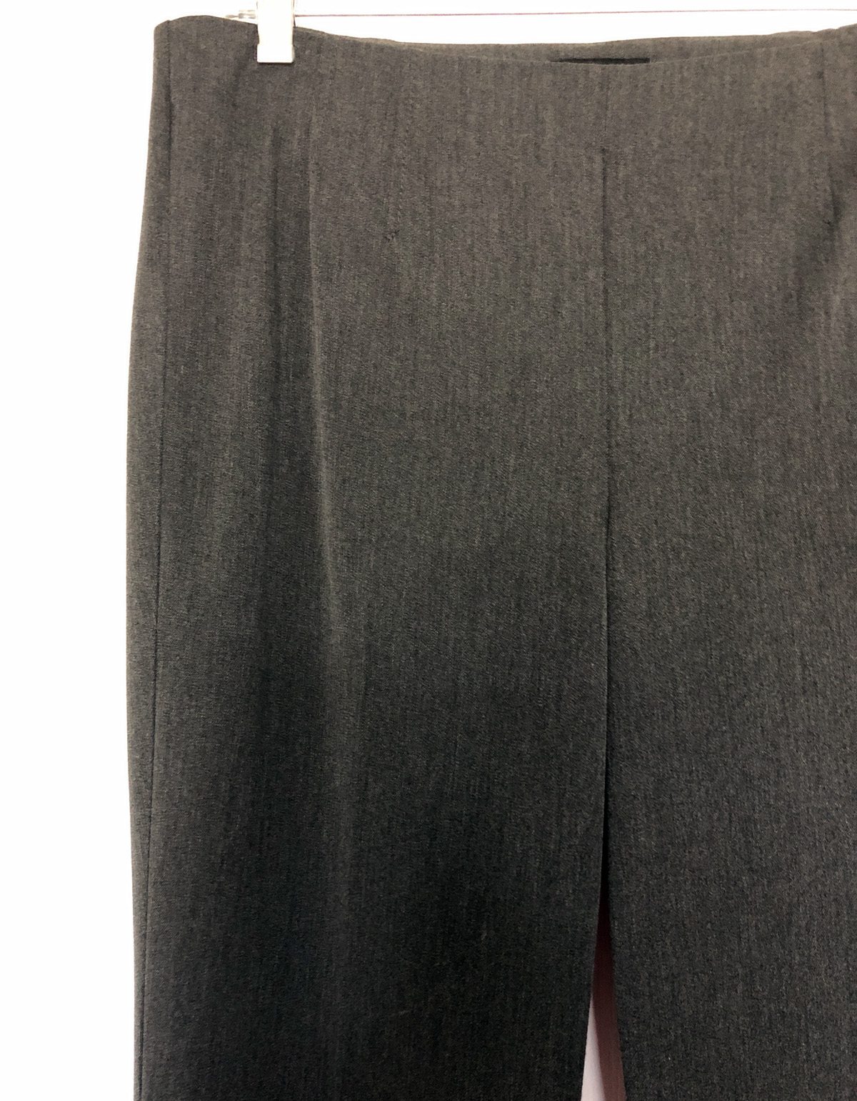 Ladies' gray dress trousers on a skirt hanger