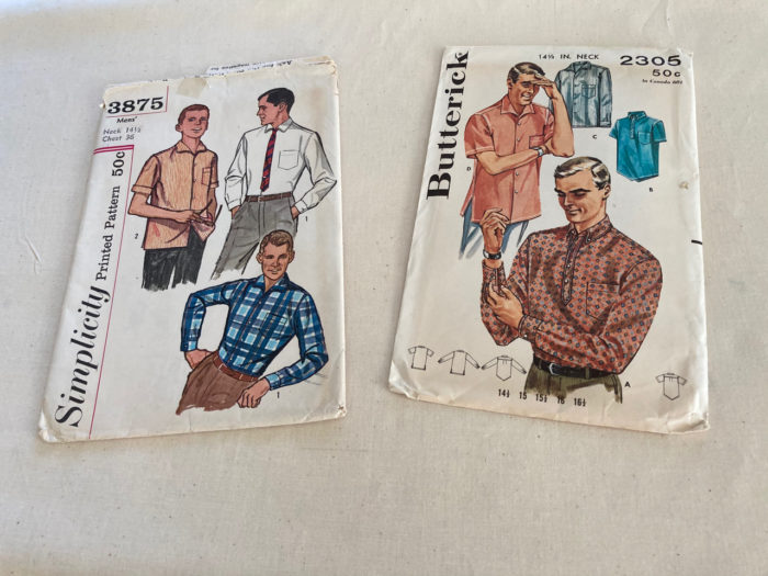 Two 1950s pattern envelopes showing men's Italian collar shirts