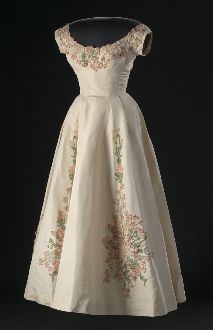 Silk faille dress with embroidered floral appliqué designed by Ann Cole Lowe.