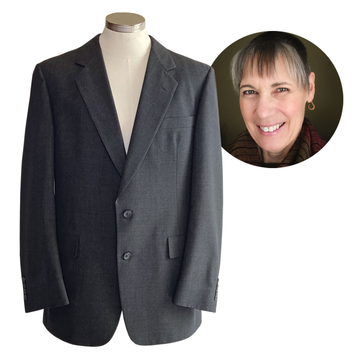 Becky Fulgoni chose a charcoal gray poly/wool blend suit to upcycle