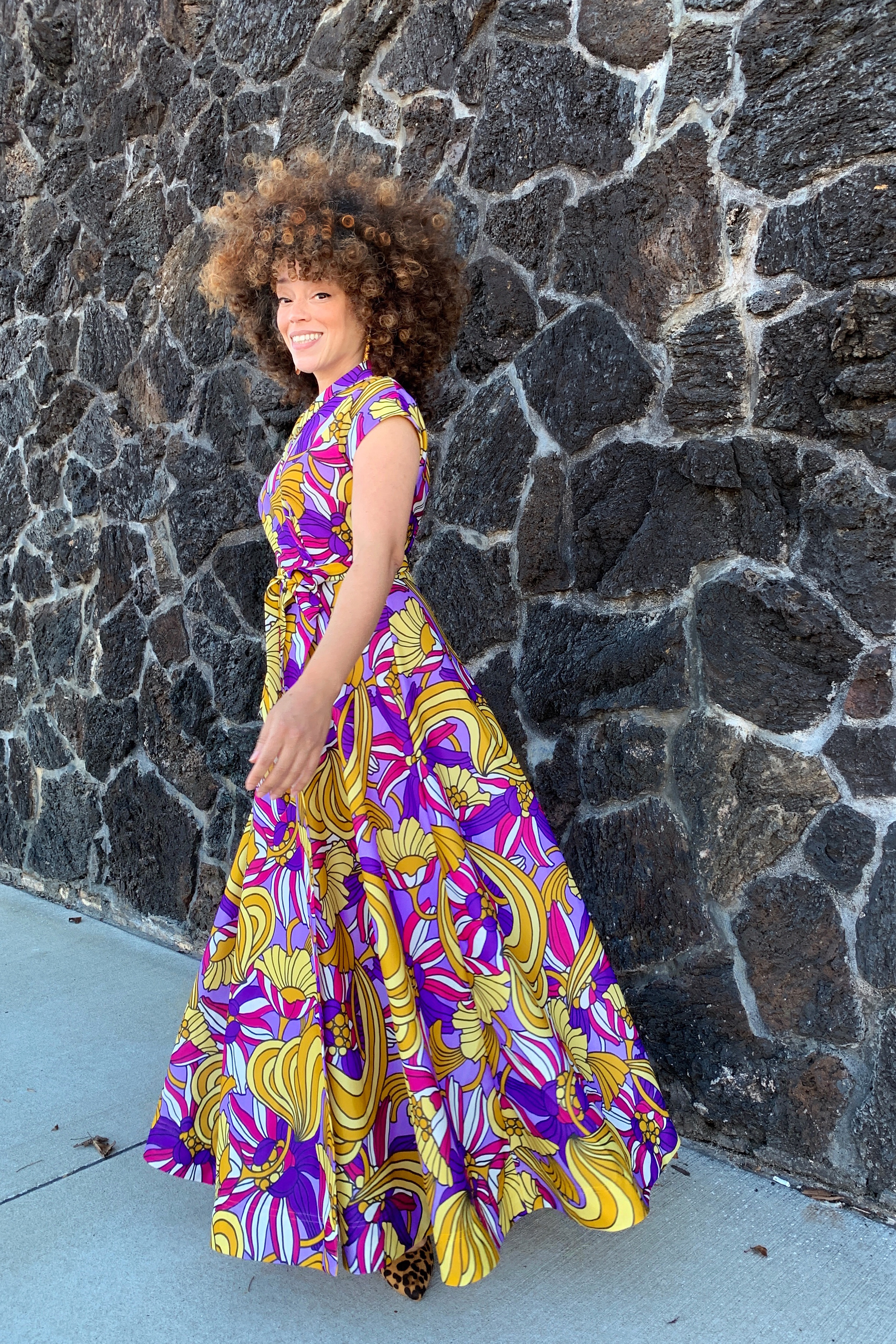 Marcy Harriell wearing a bold patterned dress she made