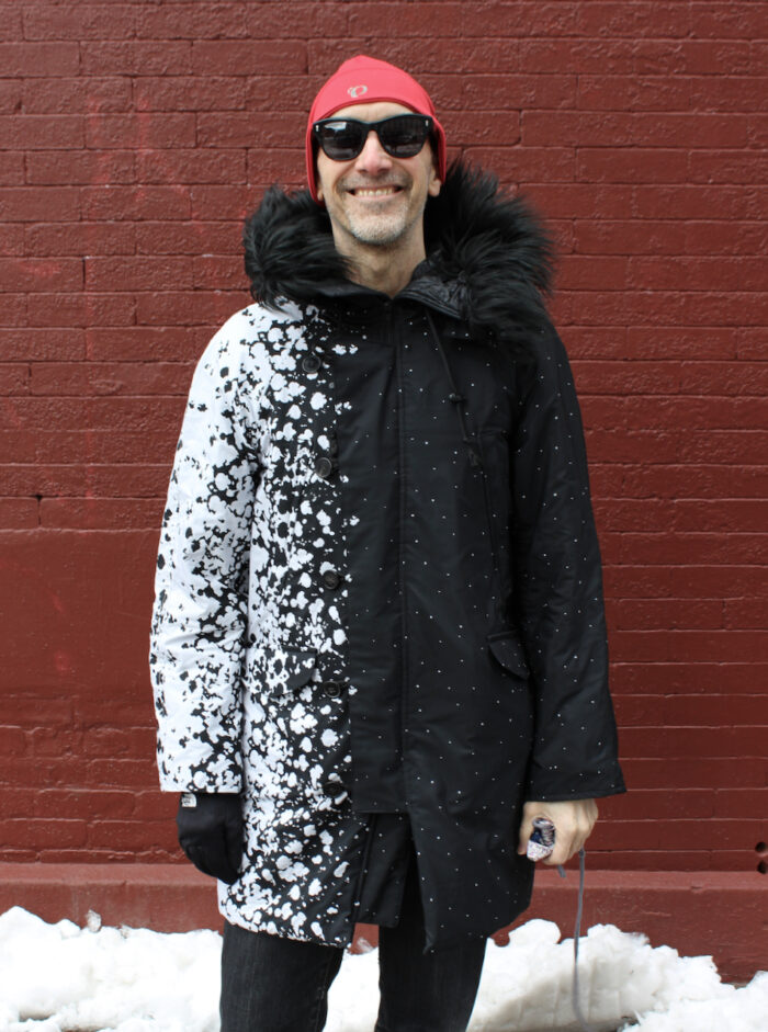 Peter Lappin wearing his panel print parka