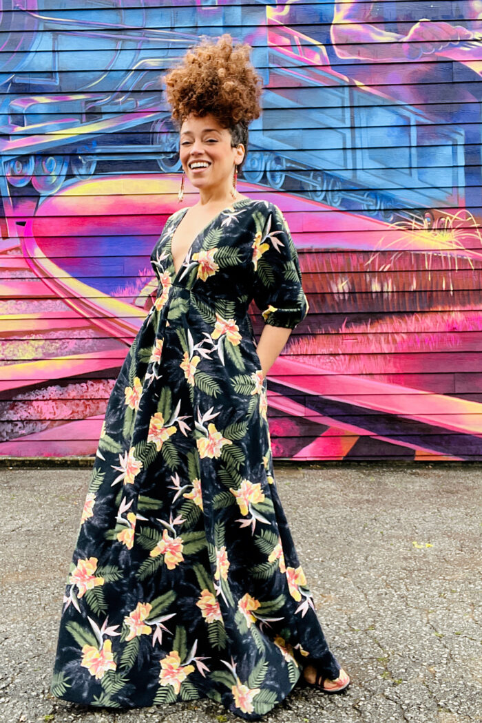 Marcy Harriell wears a tropical print dress she made using a TNT pattern.