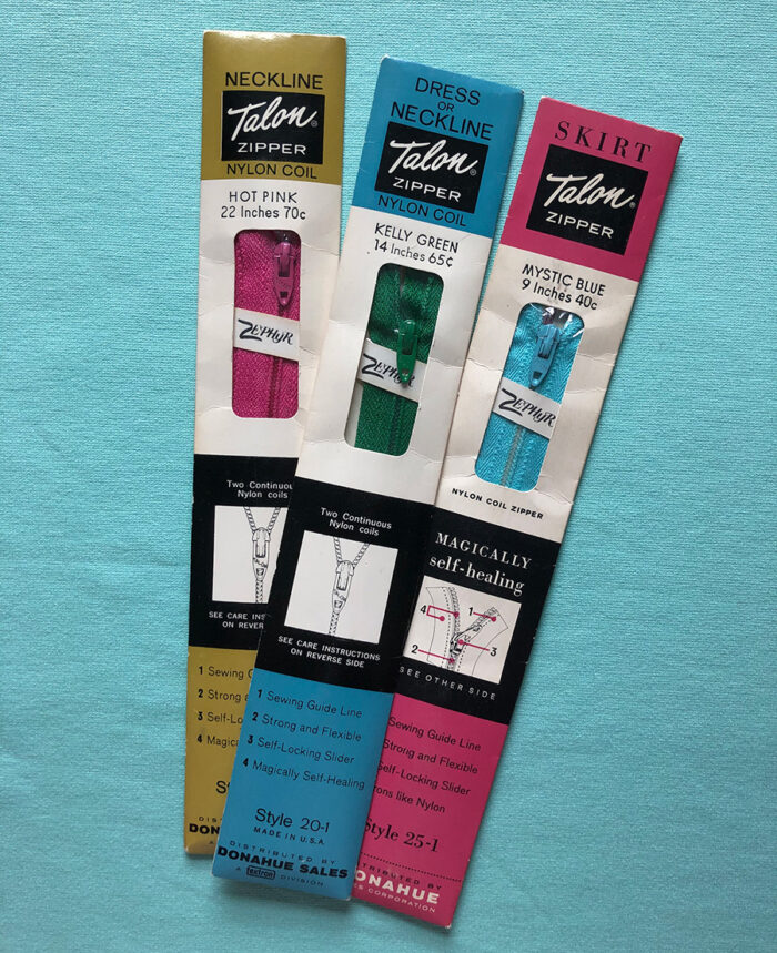 Three types of Talon nylon zippers still in their packages are part of zipper history