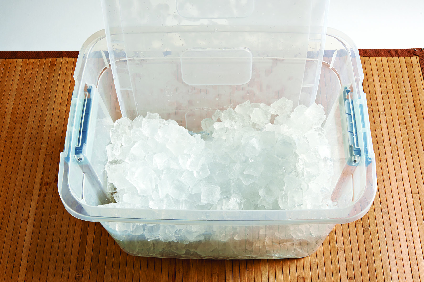 Plastic storage bin with ice