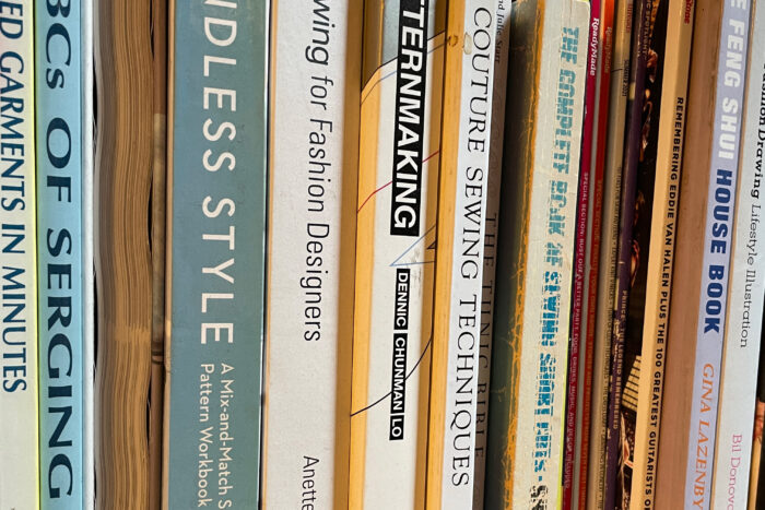 Close-up of book bindings on a shelf