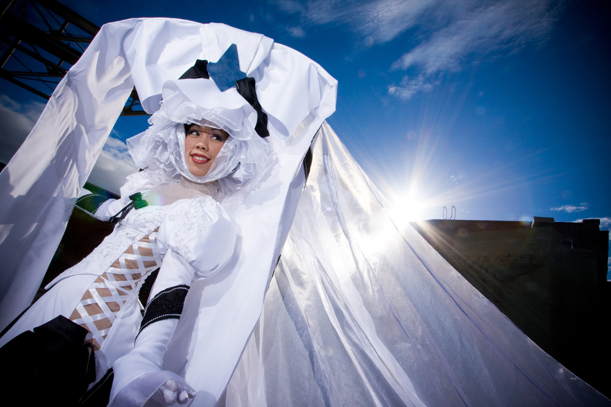 @confusedkittysewing dressed in "The Bride" cosplay outfit.