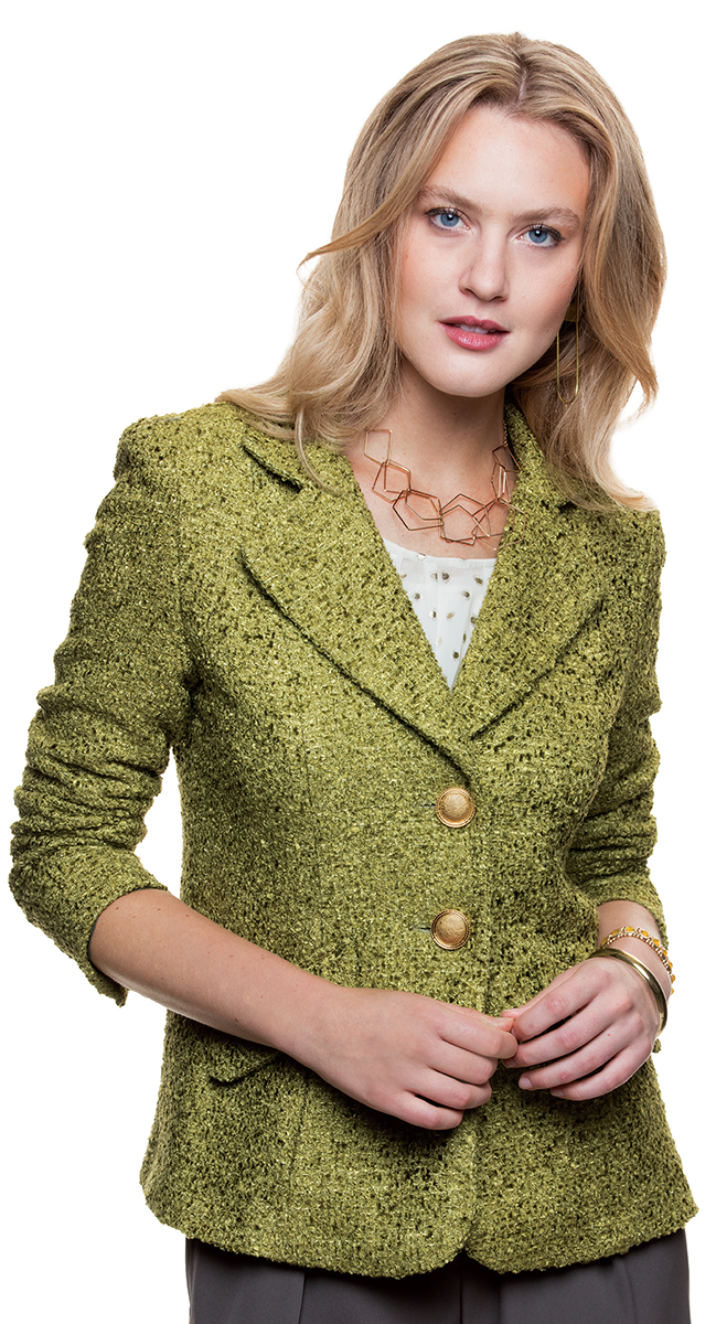 Picture of model with finished jacket showing collar techniques and precise edges