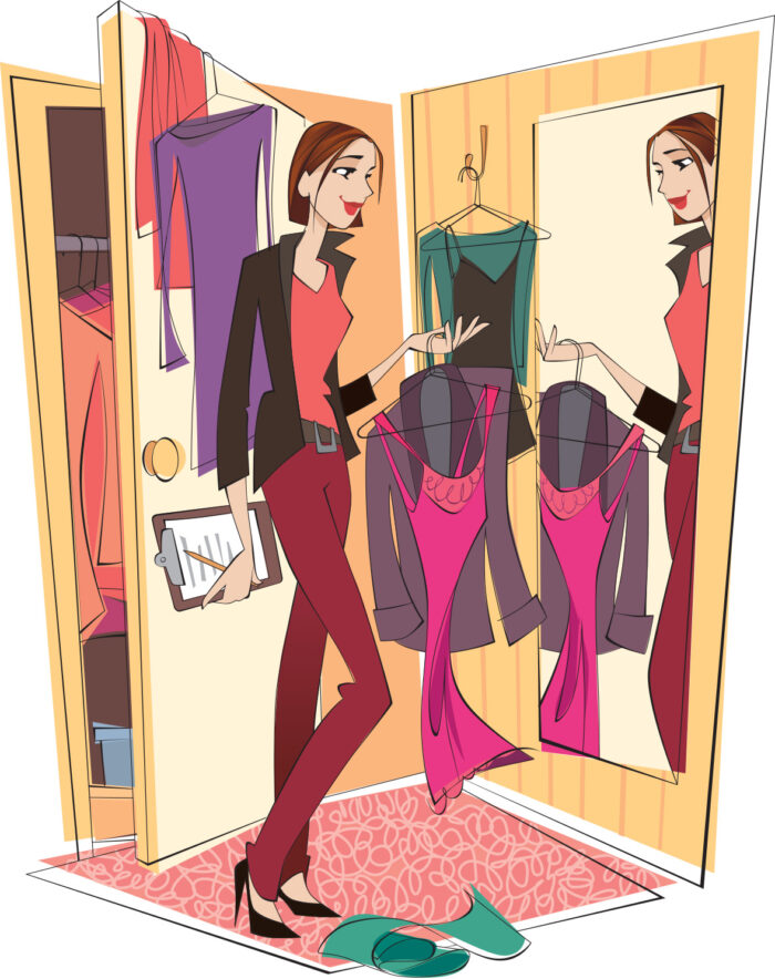 cartoon woman looking at her wardrobe