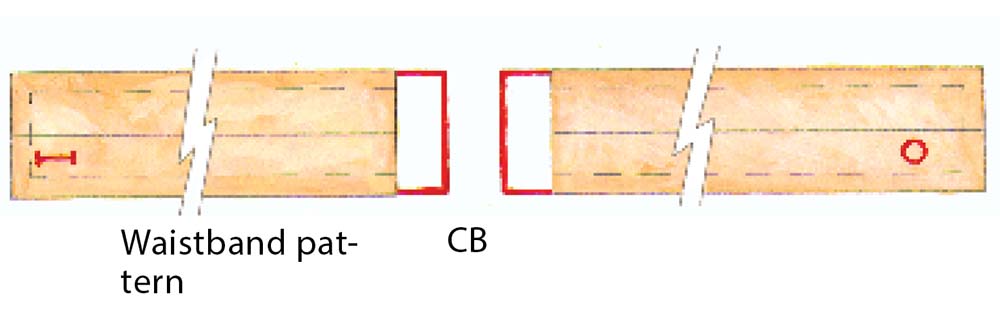 Cut waistband at CB, and add 15⁄8 inches s.a. to both pieces.
