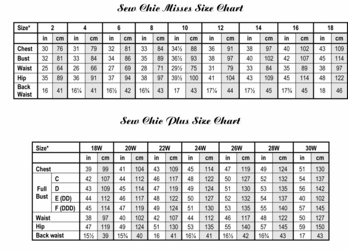 Sew Chic Size Chart