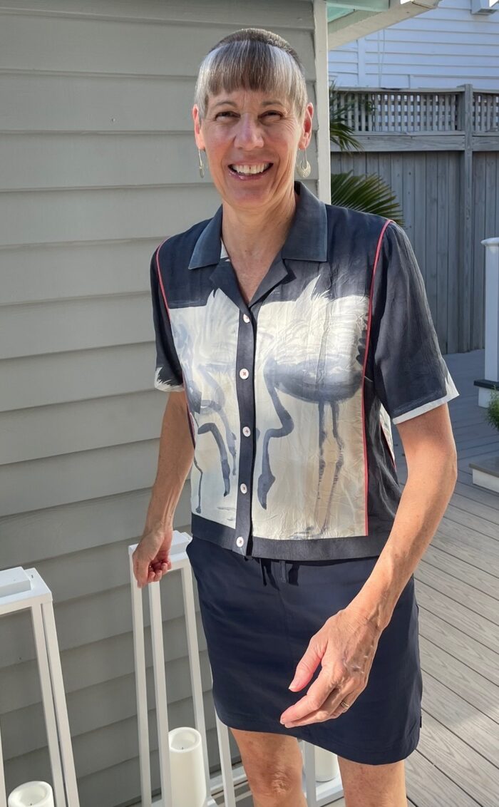 Becky Fulgoni wearing her bowling shirt, a riff on a trusted pattern