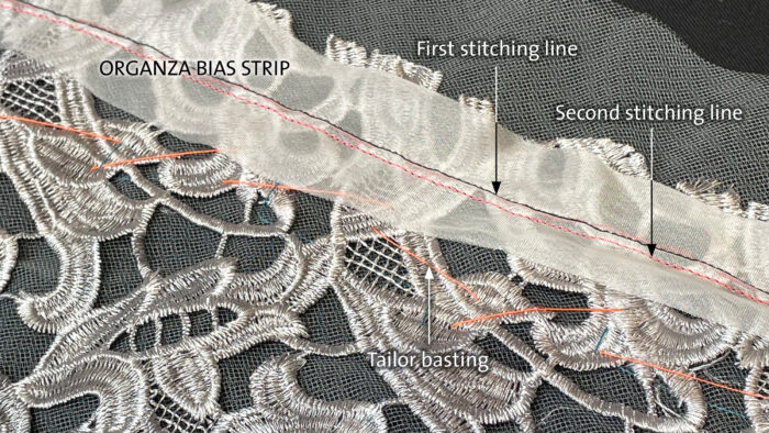 Stabilize lace edges: Sew two lines in the middle of the organza bias strips