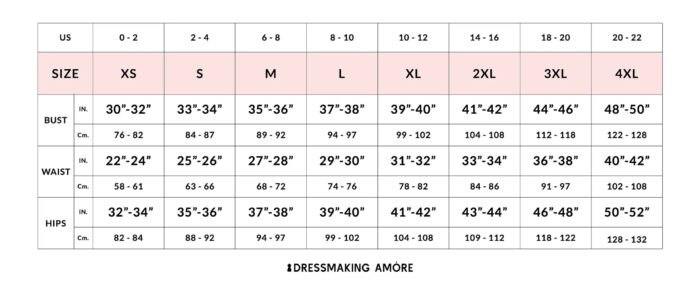 Noelle dress size chart