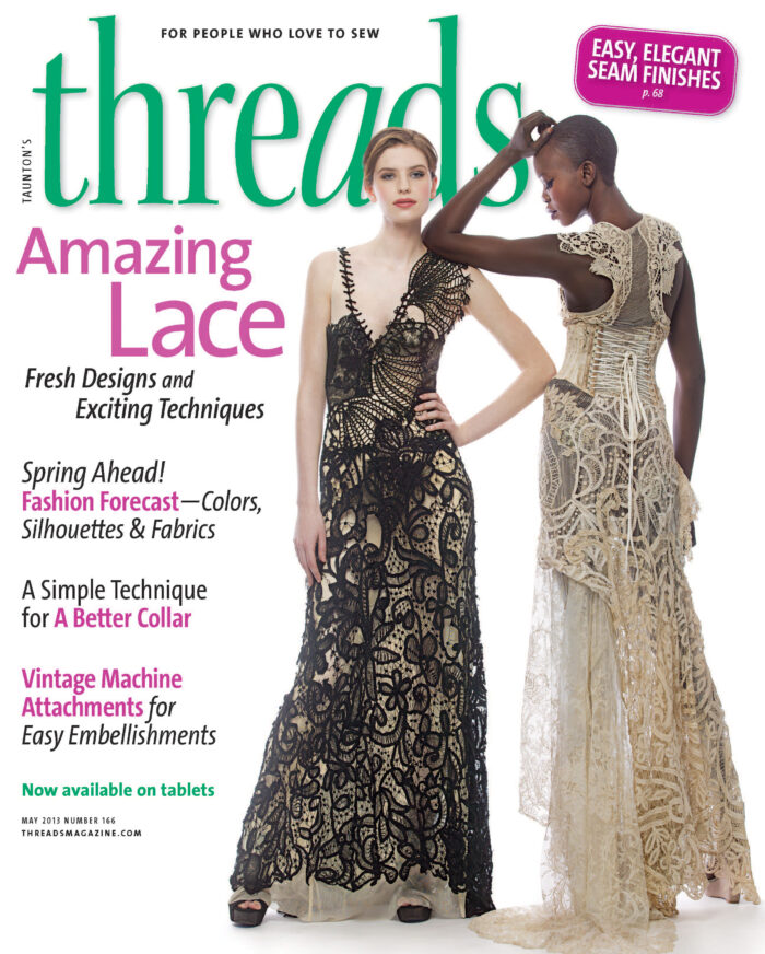 Threads 166 Front Cover featuring Mimi Prober designs that have a vintage couture bent