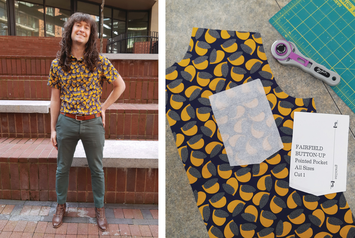 A bird-print viscose (Minerva.com) shirt in progress, right, and completed, left.