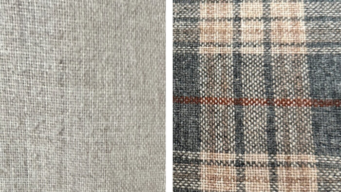 Two wool fabrics: tailored jacket fabric at left and plaid couture skirt fabric at right 