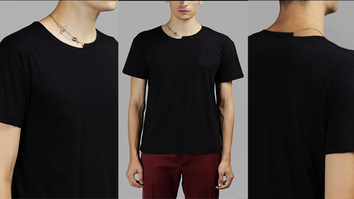 three photos of man wearing black T-shirt with Valentino-style neck embellishment