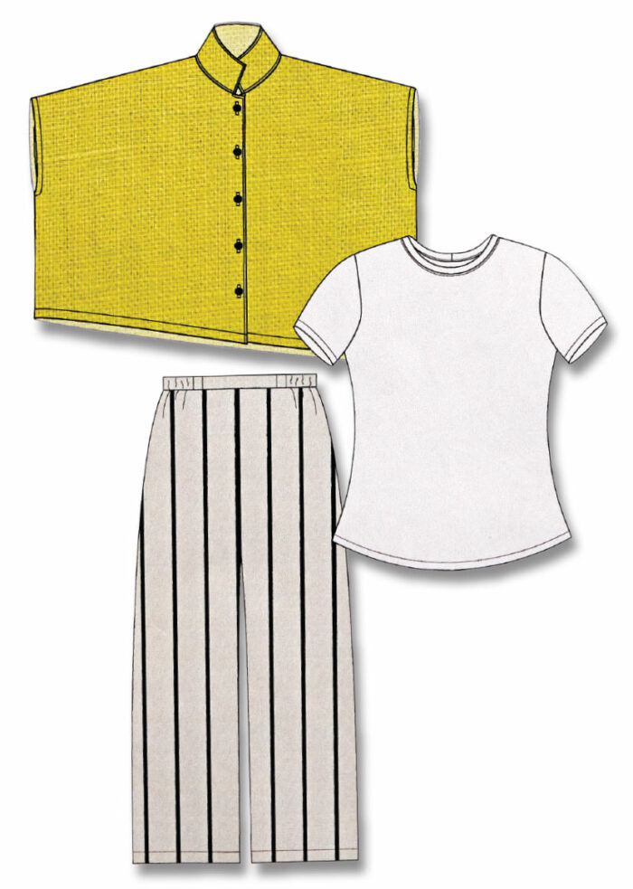 Technical illustrations of striped pants, a white t-shirt, and a mustard yellow button up