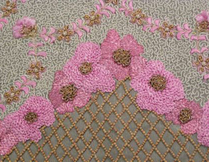 the flowers show some beautiful thread embroidery, and tambour work