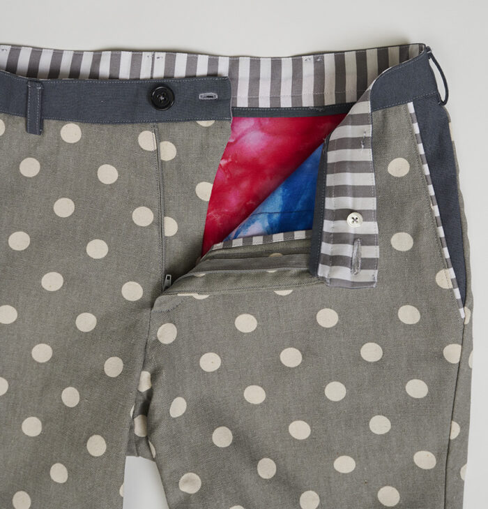 Polka dot shorts unzipped to reveal colorful interior