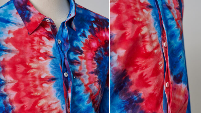 Two images of colorful shirt reveal hidden-button placket