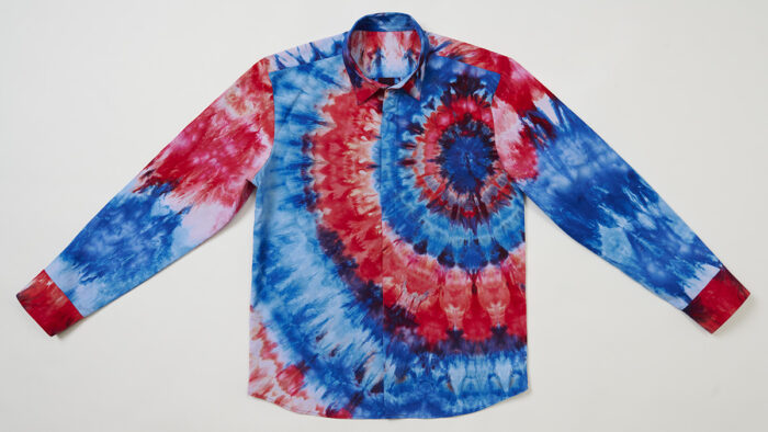 Red, white, and blue tie-dye men's shirt, front