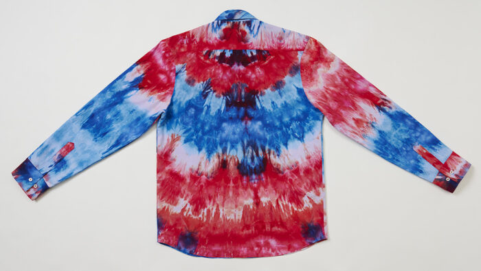 Red, white, and blue tie-dye men's shirt, back