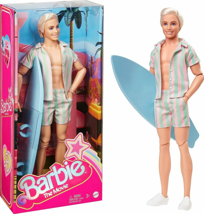 Ken doll in striped camp shirt and matching shorts, with a surf board