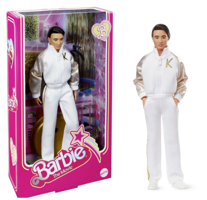 Dark-haired Ken doll in white and gold track suit by Mattel