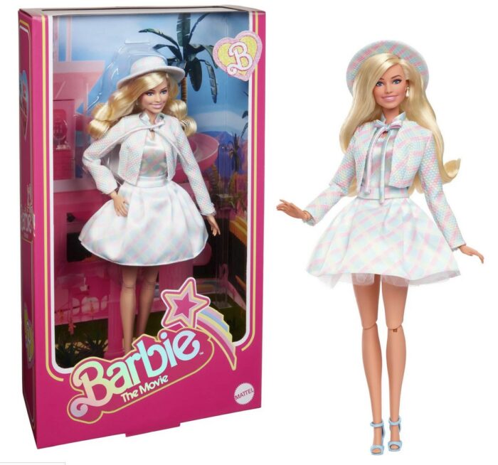 Barbie doll in a three-piece pastel plaid outfit, complete with hat, by Mattel 