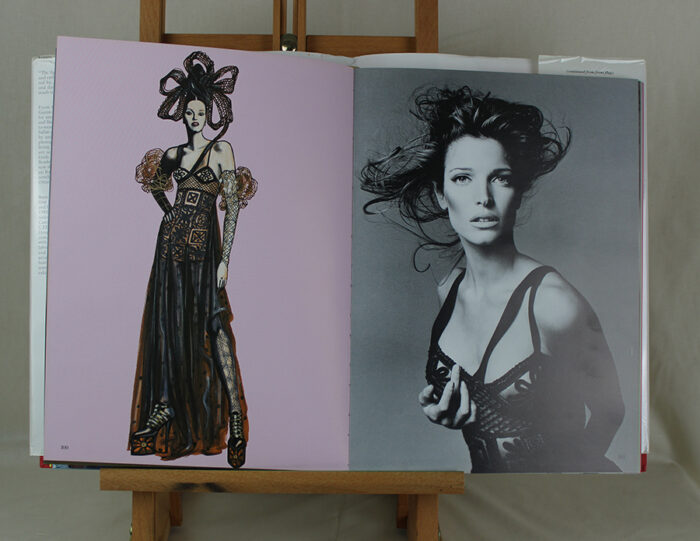 Gianni Versace sketch and finished dress on model from Vanitas: Designs by Gianni Versace (Abbeville Press, 1994)