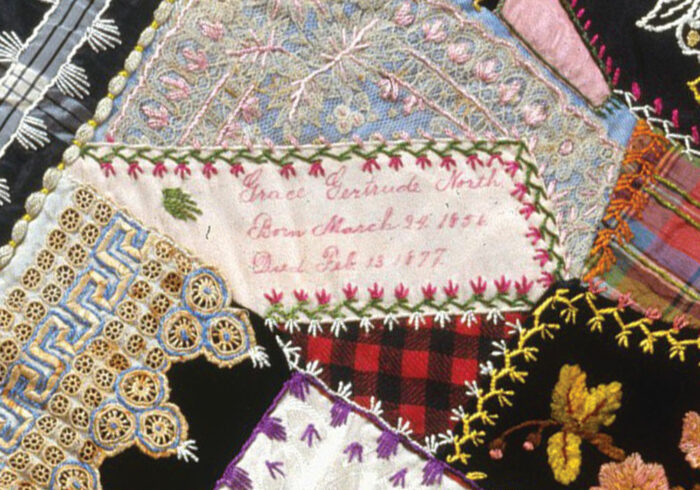 upclose of quilt patterns and embroidery