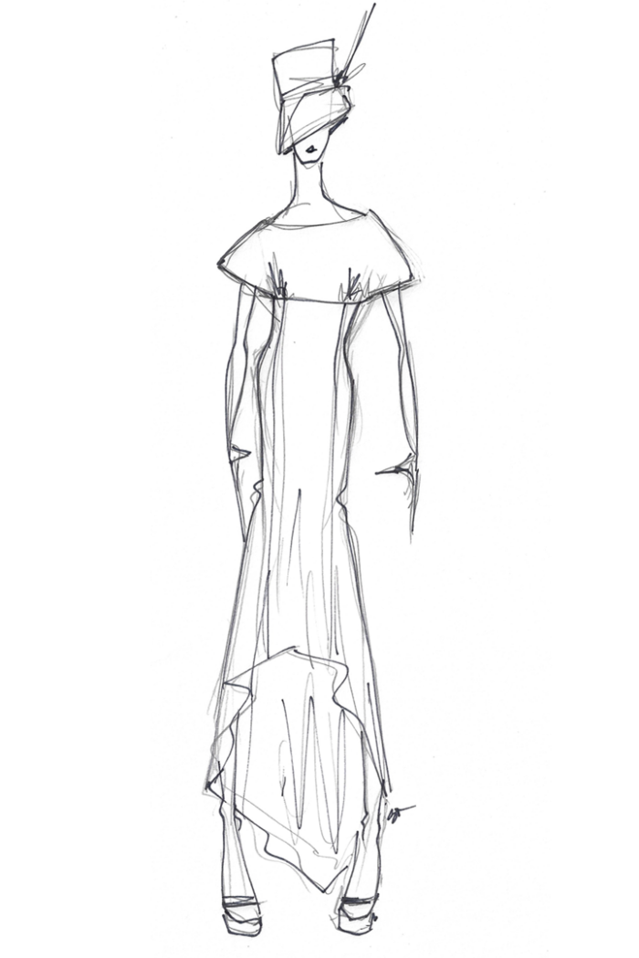 Realizing an collection: fashion sketch of empire waist gown, with boatneck and cut-on sleeves, and a high-low hemline. 