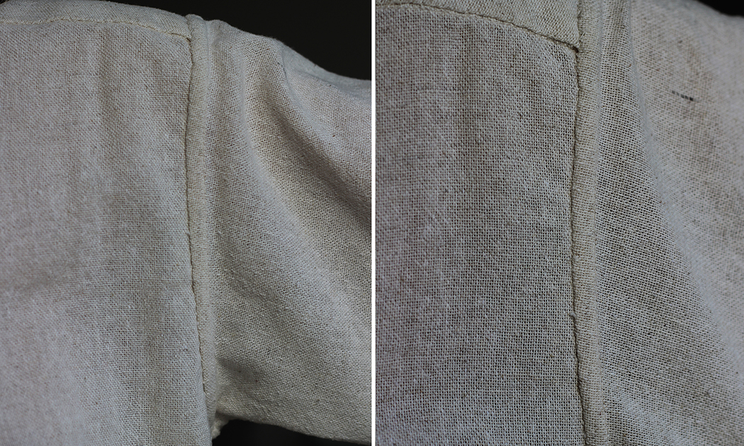 Armscye seam finishes: A hand-felled sleeve seam, from inside the shirt.