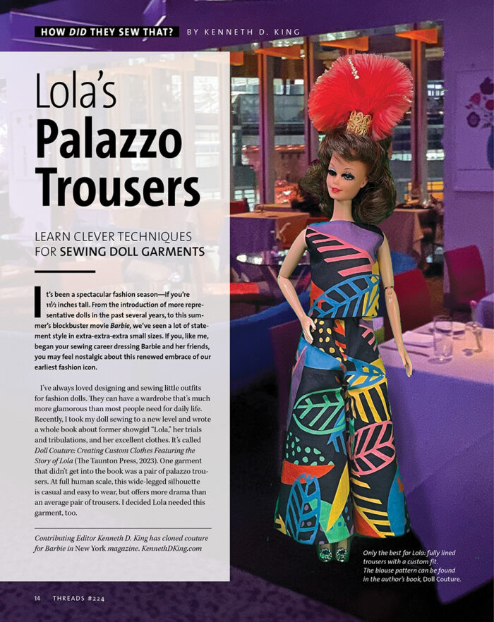 First page of article "Lola's Palazzo Trousers" from Threads #224