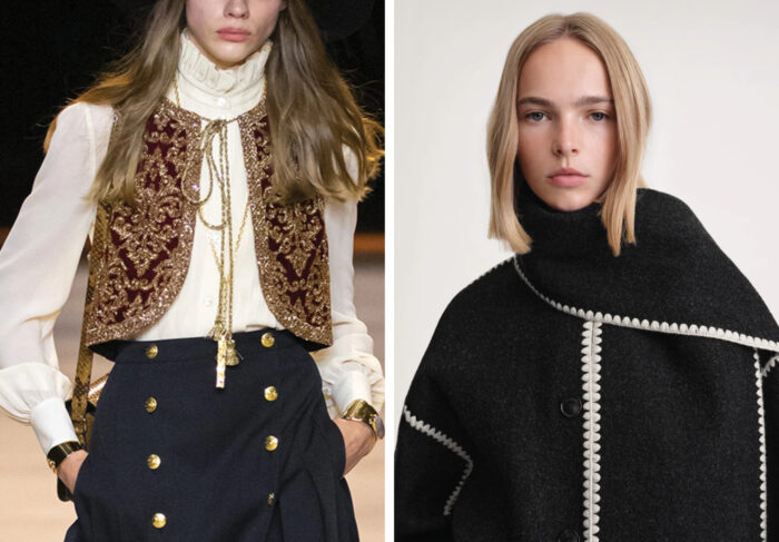 Two images: Celine tied vest (left); Toteme coat with attached scarf and contrast edgestitching (right)