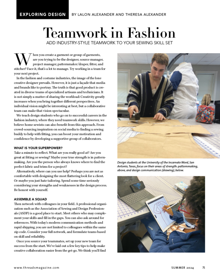 "Exploring Design: Teamwork in Fashion" article cover page about how home sewers can collaborate.