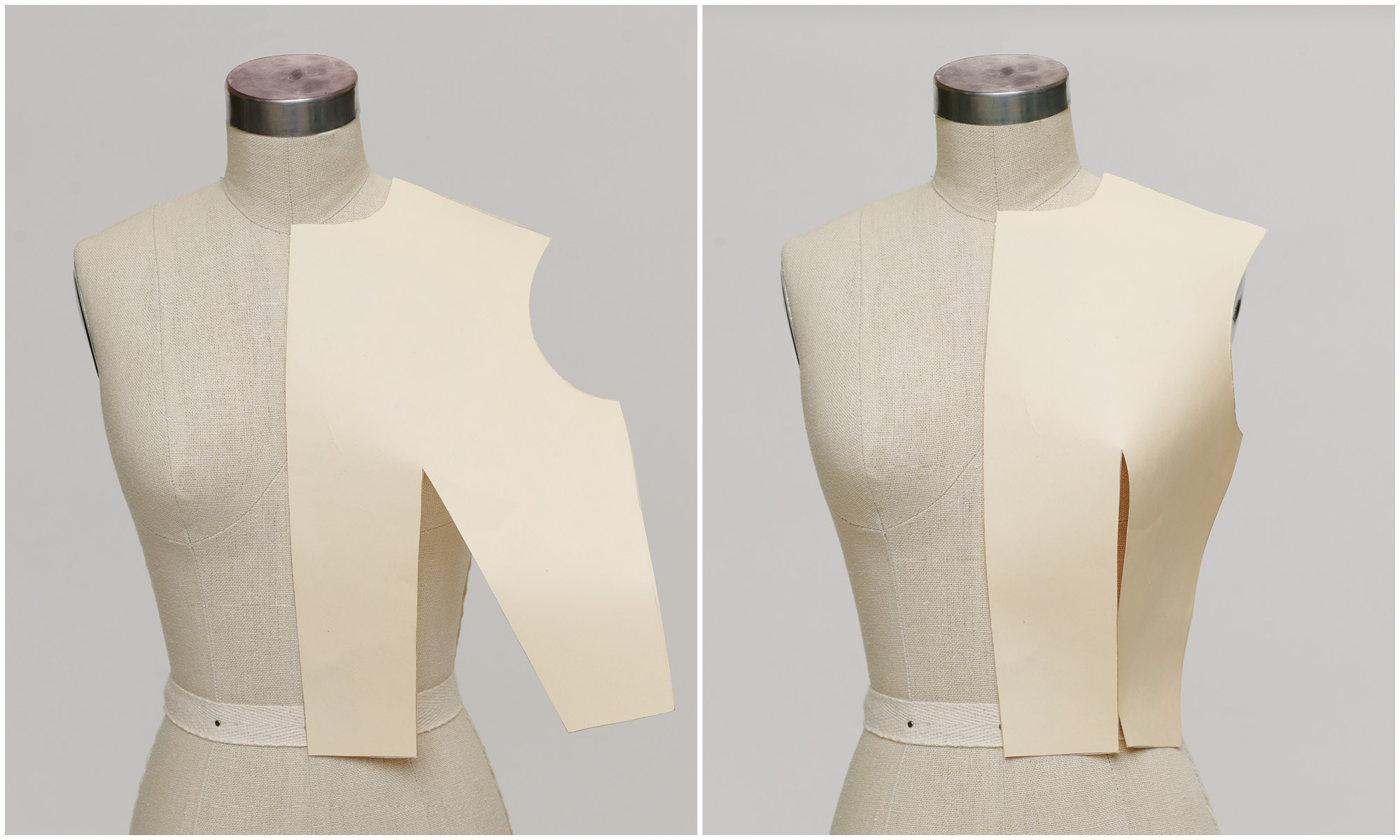 Two images of a paper bodice template with dart slit conforming to the shape of a dress form.