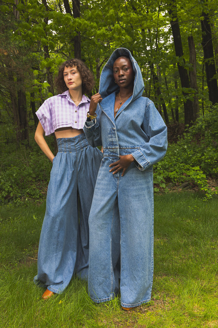 Hooded Jumpsuit, Wide-;eg trousers, and cropped palaka top