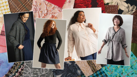 Four examples of 2026 fall fashion trends shown on models, with a collage of fabric swatches in the background